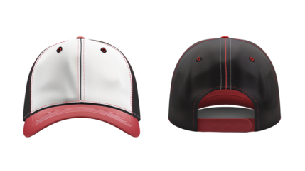 Cap mockup concept with red and black trimmed design in various views with transparent backgrounds.