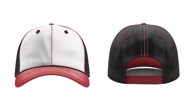 Cap mockup concept with red and black trimmed design in various views with transparent backgrounds.
