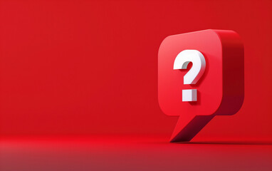 A speech bubble with question mark icon on red background, simple and minimalistic, white color palette