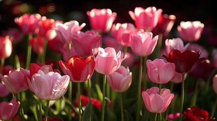 Naklejka premium Vibrant display of multi-colored tulips gently illuminated by natural sunlight, showcasing delicate petals covered in morning dew