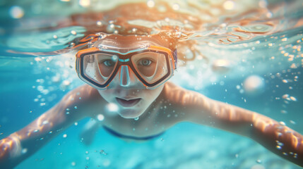 Naklejka premium a Cute child snorkeling in the swimming pool