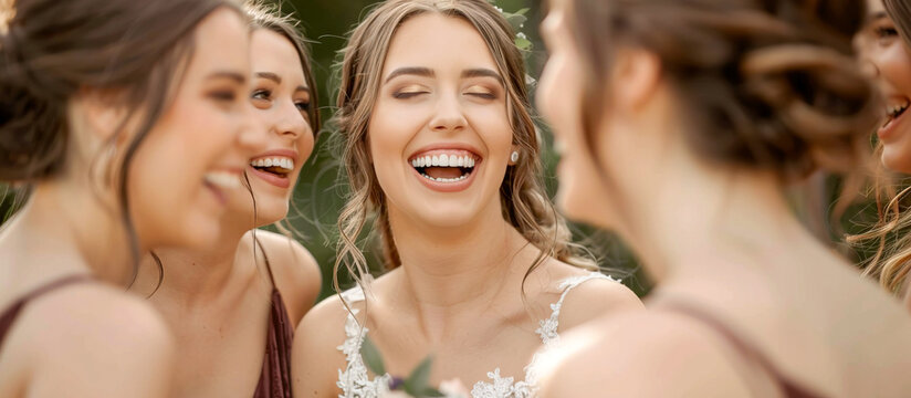 Happy Caucasian beautiful bride laughing during wedding chat with bridesmaids - Powered by Adobe