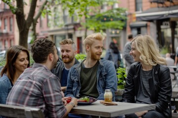 Group of friends sitting in a cafe on the street and talking.