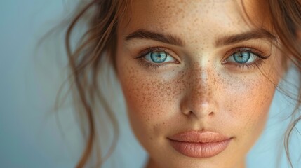 Fototapeta premium Close-up portrait of a young woman with striking blue eyes and freckled skin against a soft blue background, exuding serenity and contemplation
