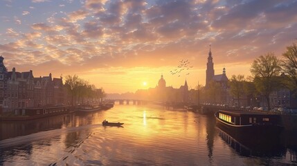 Beautiful sunrise over Amsterdam The Netherlands realistic