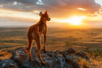 A Basenji standing on a rocky promontory overlooking a vast African savannah at sunset.