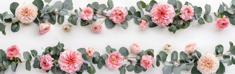 Floral Love: Pink Flowers and Eucalyptus Branches Pattern on White Background for Valentines Day, Mothers Day, Womens Day - Flat Lay Top View