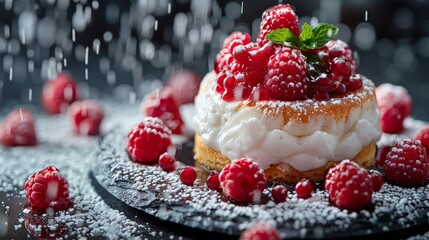 Elegant and appetizing raspberry dessert topped with fresh cream and mint leaves, sprinkled with powdered sugar on a dark elegant background