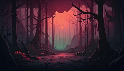 The dark forest is full of mystery and danger. The red light shining through the trees creates an eerie atmosphere.