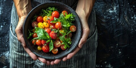 Person holding a bowl of fresh mixed colorful cherry tomatoes garnished with green herbs viewed from above, emphasizing healthy and organic eating