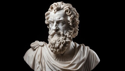 A white marble bust of a male isolated on black background.