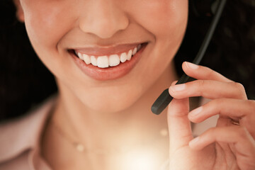Mouth, smile and headset for crm, call center and technology service agency. Consultant, computer...
