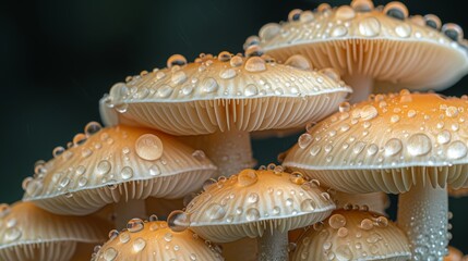 A close-up image displaying a cluster of vibrant orange mushrooms adorned with dewdrops, highlighting their detailed textures and natural beauty