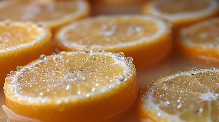 Close-up view of fresh orange slices covered in water droplets, emphasizing the vivid texture and sparkling clarity of each bubble