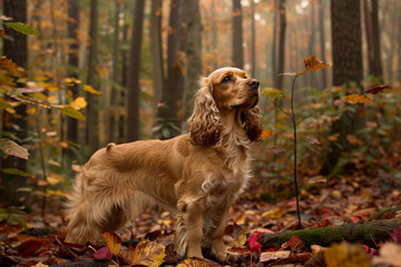 A Cocker Spaniel standing in a dense forest during autumn, with colorful leaves carpeting the ground.