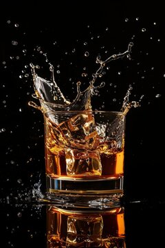 shot of whiskey with splash on black background
