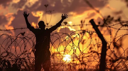 A powerful image on the International Day for the Remembrance of the Slave Trade and its Abolition a silhouette of a refugee raising their hands amidst rusty barbed wire against a backdrop 