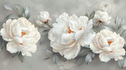 Beautiful white peony flowers on a grey background realistic
