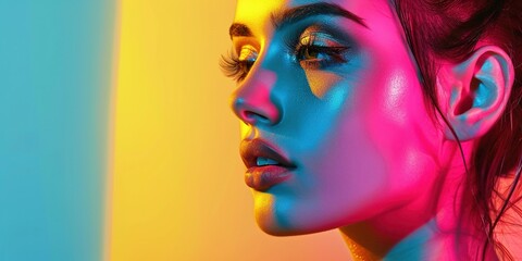 Vibrant fashion girl portrait with neon pink, blue and yellow gradient background. Fashion design studio concept banner in the style of various artists.