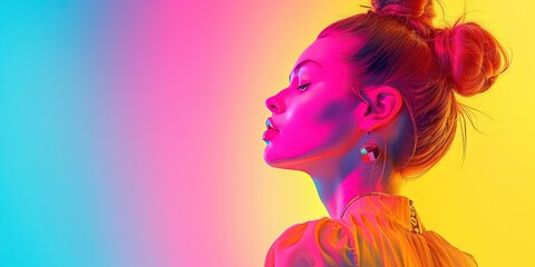 Vibrant fashion girl portrait with neon pink, blue and yellow gradient background. Fashion design studio concept banner in the style of various artists.