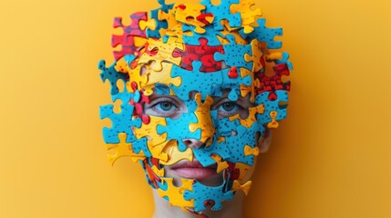 Colorful Puzzle Pieces Forming Kid Head for Autism Awareness and Mental Health Education on Blue and Yellow Background - Powered by Adobe
