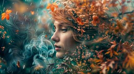 Beautiful young woman with autumn leaves in her hair in the rain