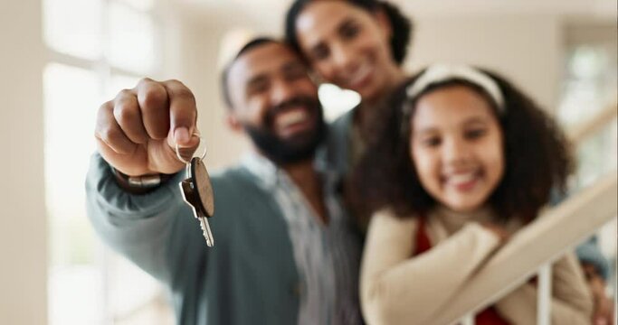 Happy family, keys and love with new home, real estate or investment together on staircase. Portrait of father, mother and young daughter or kid with smile for access to house or moving in on stairs
