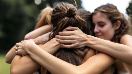 Group of friends affectionally embracing in a huddle, sharing a joyful moment together outdoors with focus on intertwined hands