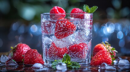 Refreshing and Inviting Image of Strawberries Submerged in Sparkling Water with Ice Cubes and Fresh Mint on the Side in a Close-up View
