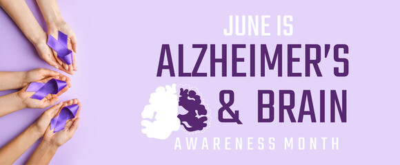 Female hands with purple ribbons as symbol of World Cancer Day on color background