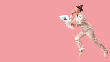 Running young woman with morning newspaper and coffee on pink background with space for text
