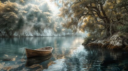 Fototapeta premium Fantasy landscape with wooden boat on the lake and foggy trees