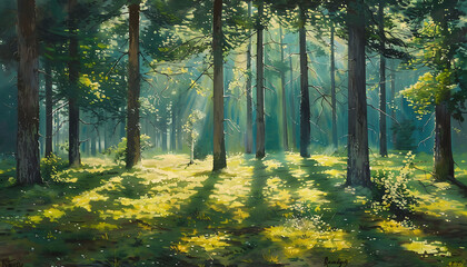 illustration of the dance of sunlight and shadow in a quiet forest glade