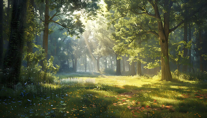 Obraz premium illustration of the dance of sunlight and shadow in a quiet forest glade