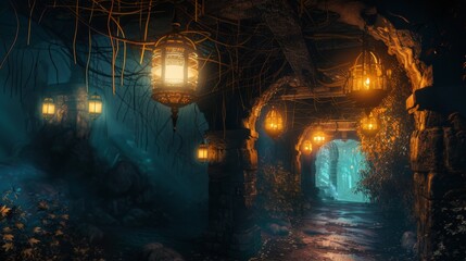 Hidden Passage in Secret Underground Tunnel with Lantern Lights
