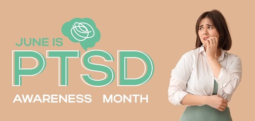 Stressed woman on beige background. Post-Traumatic Stress Disorder Awareness Month