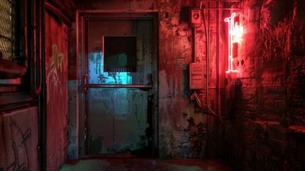 Fototapeta na wymiar Hidden Speakeasy Entrance with Flickering Neon Sign AI Generated