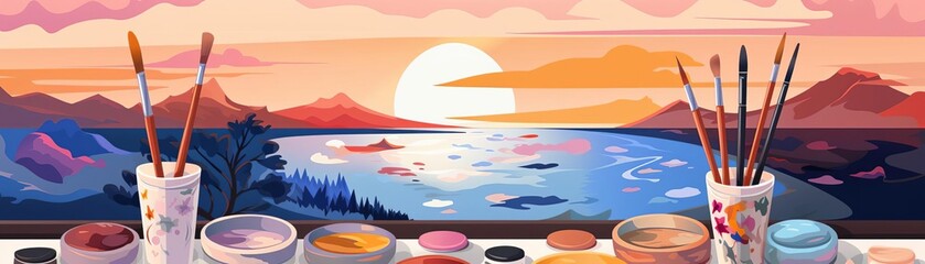 An artist is painting a beautiful sunset over a lake