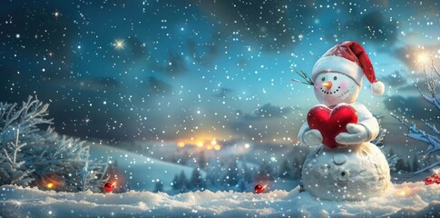 Happy New Year and Christmas greeting card with snowman holding heart shaped gift box on winter background. Winter landscape with beautiful starry sky, copy space for text