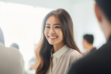 Obraz premium Portrait of a smiling Asian female in casual clothes and wavy long hair isolated on a blurred crowded public space background. Generative AI.