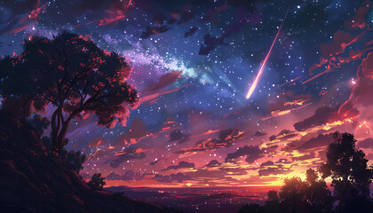 illustration of the moment when a shooting star crosses the night sky