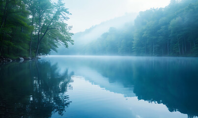 Highlight the tranquility of a mist-covered lake at sunrise