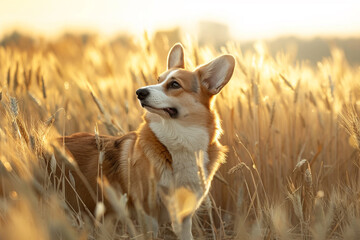 A Welsh Corgi standing in a field of tall wheat, with the golden hour sun casting a warm glow over the scene. - Powered by Adobe