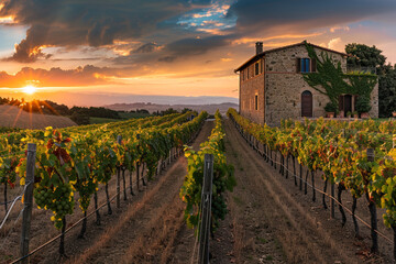 An earthy brown stone farmhouse nestled in a Tuscan vineyard, with rows of grapevines stretching...