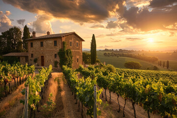 An earthy brown stone farmhouse nestled in a Tuscan vineyard, with rows of grapevines stretching into the sunset. - Powered by Adobe