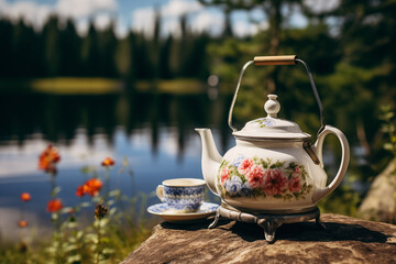 Glamping with fancy teapot in the forest