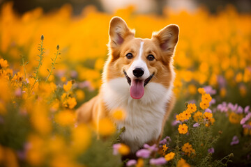 Welsh Corgi dog with yellow flowers
