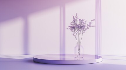 3D rendering of a purple flower in a glass vase on a podium with a purple background.