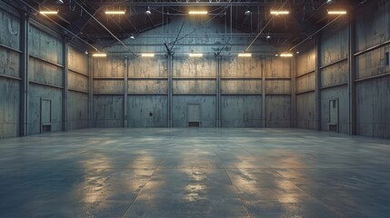 empty large warehouse with lighting and concrete walls realistic