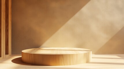 3d rendering of empty wooden podium or pedestal for product display with concrete wall background and sunlight.